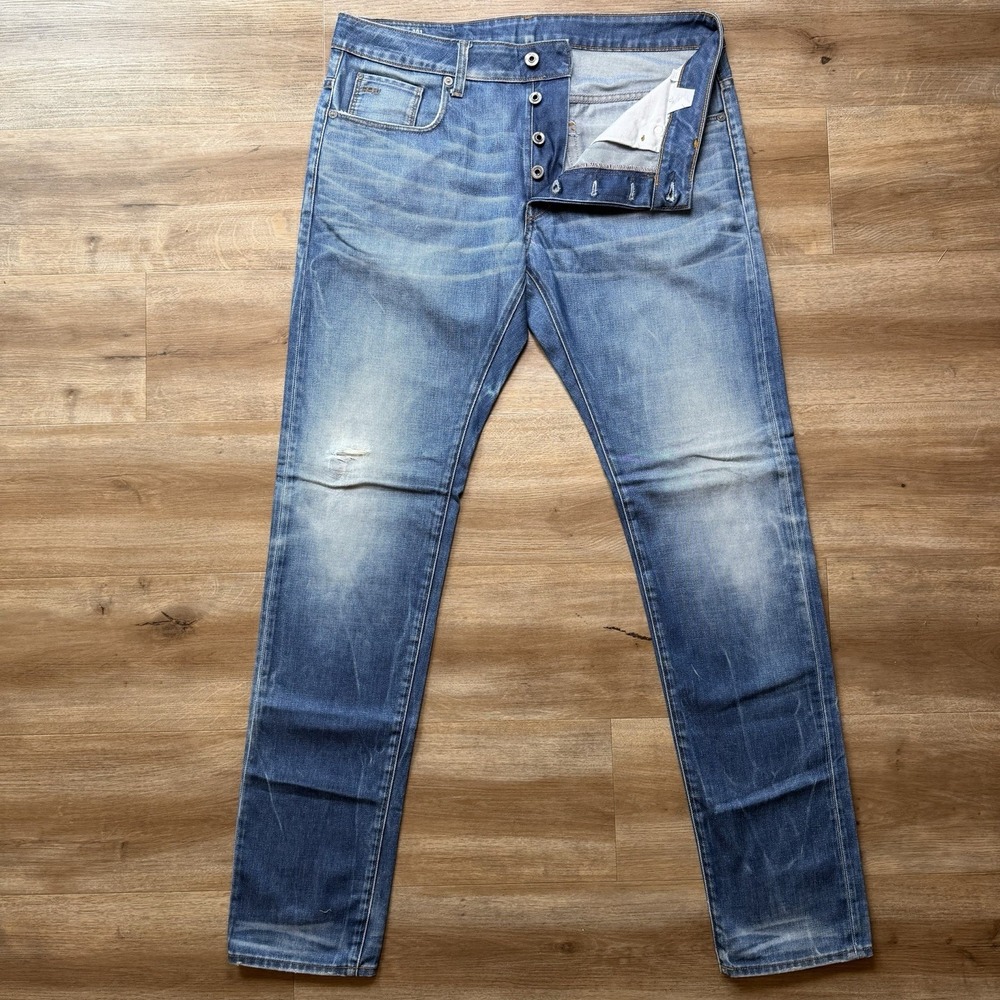 G-Star RAW Jeans Men 36x36 Blue 3301 Slim Straight Distressed Whiskered Faded